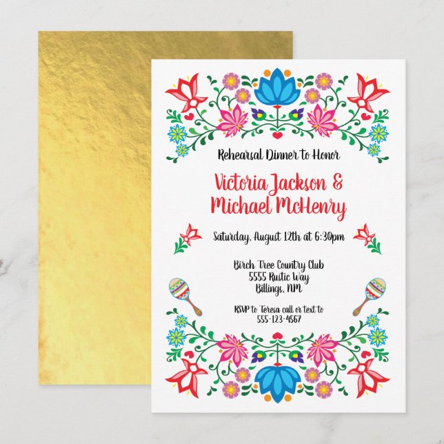 Invitación Relieve metalizado dorado Floral Mexicano Ensayo d (Anverso / Reverso)