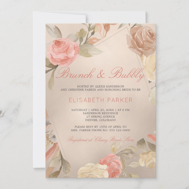 Invitación Relieve metalizado dorado Floral Peach Cream Faux  (Anverso)
