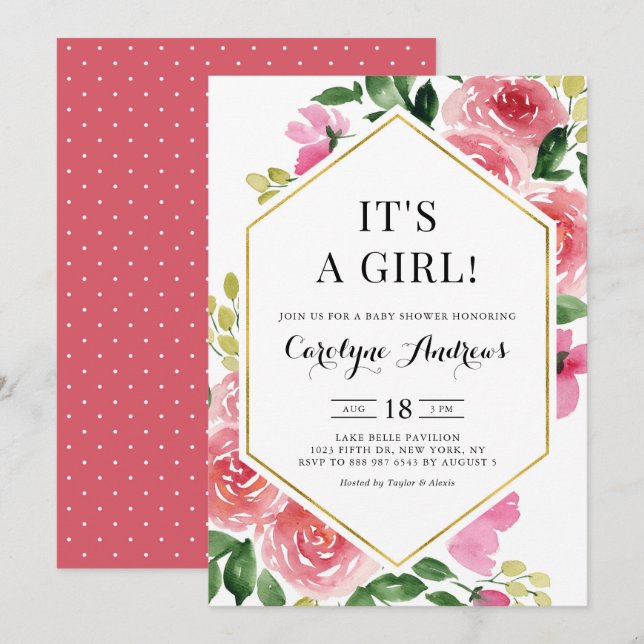 Invitación Relieve metalizado dorado floral rosa es un Baby S (Anverso / Reverso)