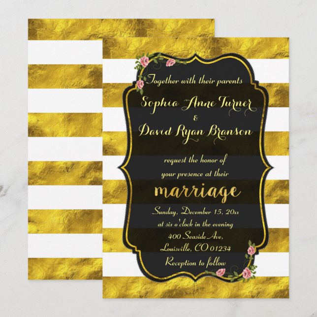 Invitación Relieve metalizado dorado floral Stripes Invitació (Anverso / Reverso)