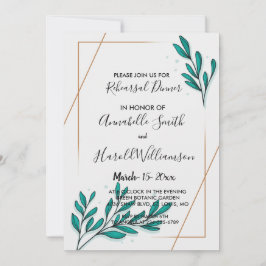 Invitación Relieve metalizado dorado floral verde deja cena d