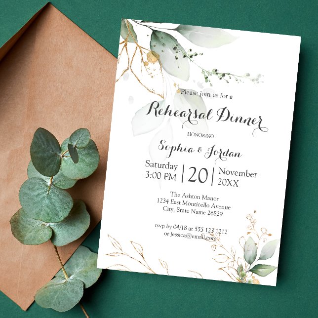 Invitación Relieve metalizado dorado floral verde deja cena d (Subido por el creador)