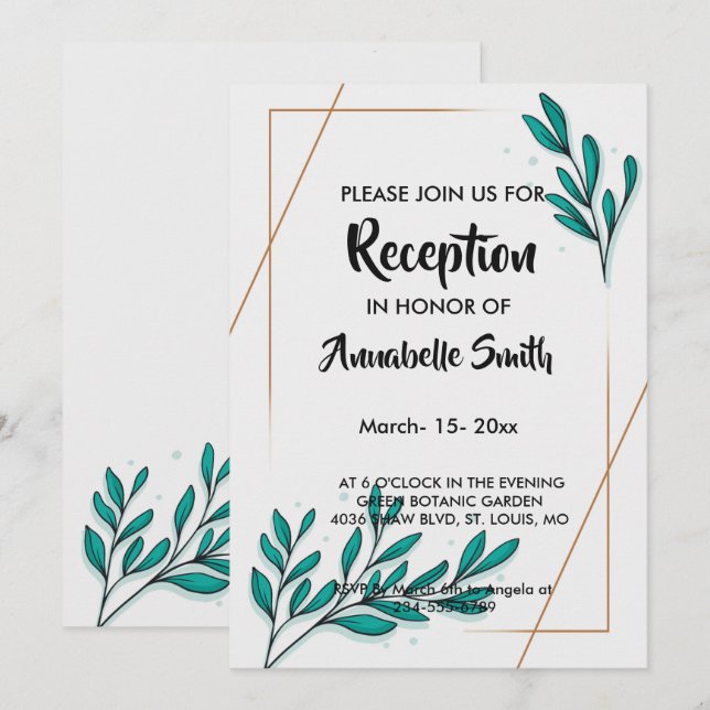 Invitación Relieve metalizado dorado floral verde deja recepc (Anverso / Reverso)