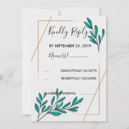Invitación Relieve metalizado dorado floral verde deja RSVP