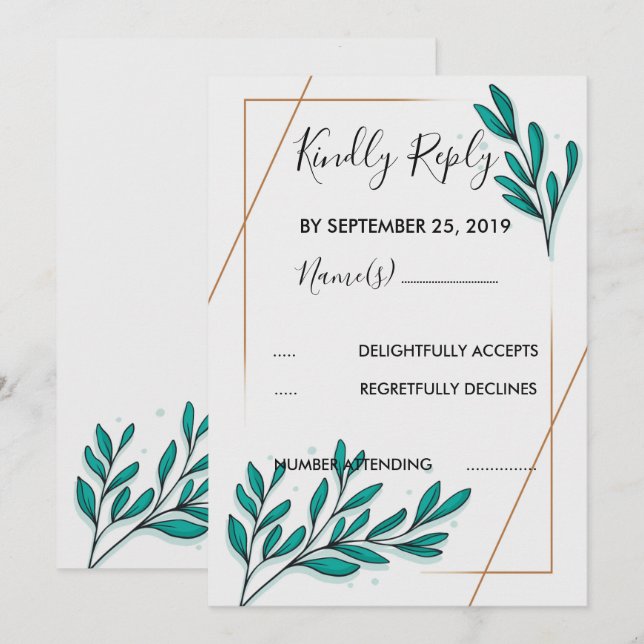 Invitación Relieve metalizado dorado floral verde deja RSVP (Anverso / Reverso)