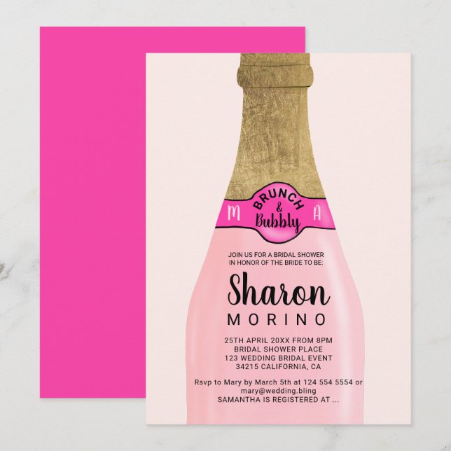 Invitación Relieve metalizado dorado frasco brunch burbujeant (Anverso / Reverso)