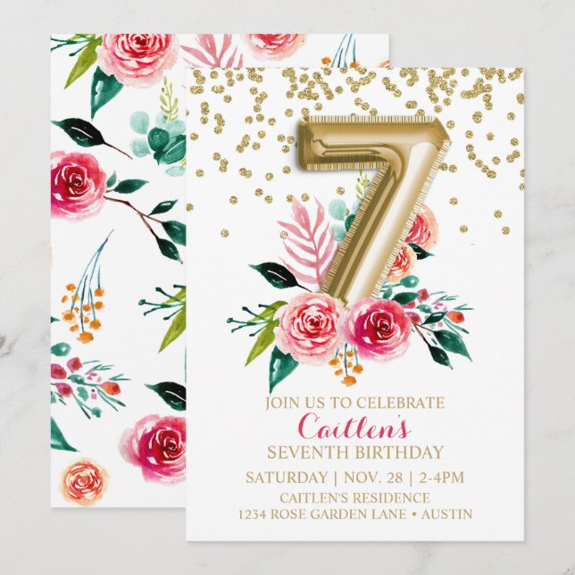 Invitación Relieve metalizado dorado Globo 7 Flores silvestre (Anverso / Reverso)