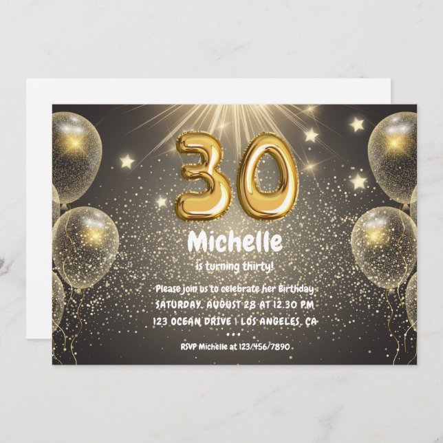 Invitación Relieve metalizado dorado Globo y Confetti 30 Fies (Anverso / Reverso)