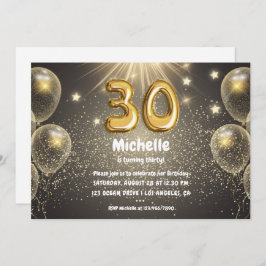 Invitación Relieve metalizado dorado Globo y Confetti 30 Fies
