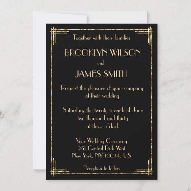 Invitación Relieve metalizado dorado Grandes Gatsby Art Deco  (Anverso)