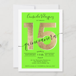 Invitación Relieve metalizado dorado guión moda neon verde qu