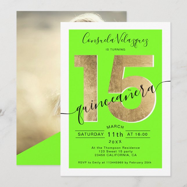 Invitación Relieve metalizado dorado guión moda neon verde qu (Anverso / Reverso)