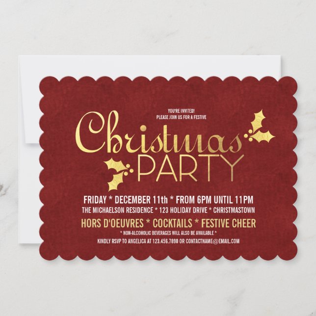 Invitación Relieve metalizado dorado Holly Navidades Fiesta (Anverso)