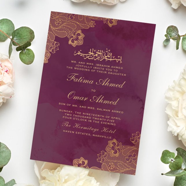Invitación Relieve metalizado dorado Lace Borgoña Boda musulm (Subido por el creador)