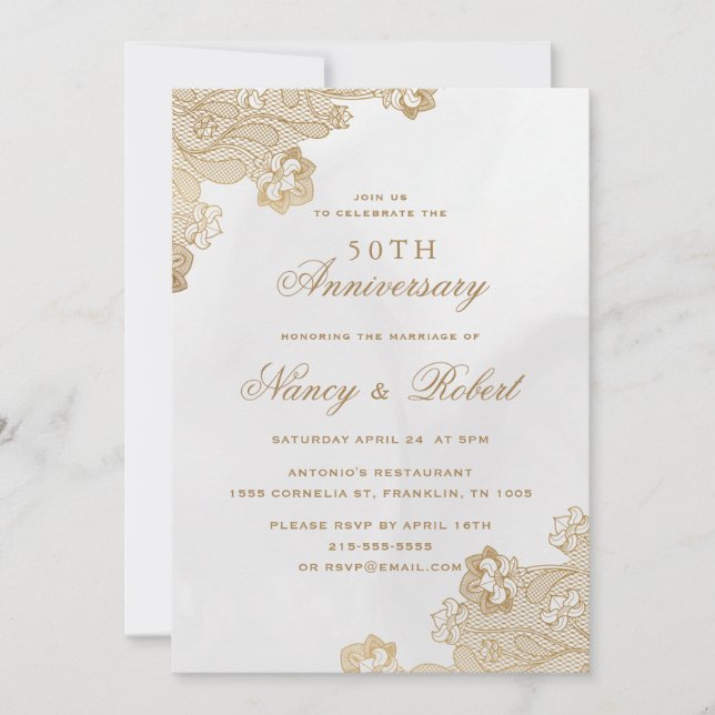 Invitación Relieve metalizado dorado Lace Ornate 50° aniversa (Anverso)