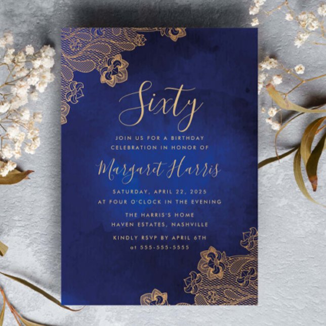 Invitación Relieve metalizado dorado Lace Ornate Blue 60 cump (Subido por el creador)