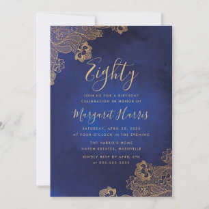 Invitación Relieve metalizado dorado Lace Ornate Blue 80th Oc