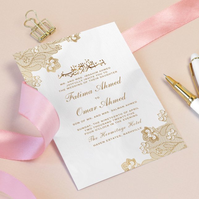 Invitación Relieve metalizado dorado Lace Ornate Cream Boda m (Subido por el creador)