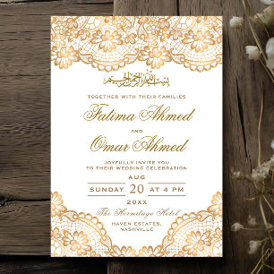 Invitación Relieve metalizado dorado Lace Ornate musulmán bla