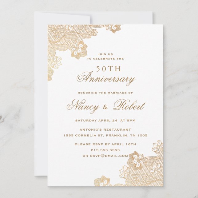 Invitación Relieve metalizado dorado Lace White 50° aniversar (Anverso)