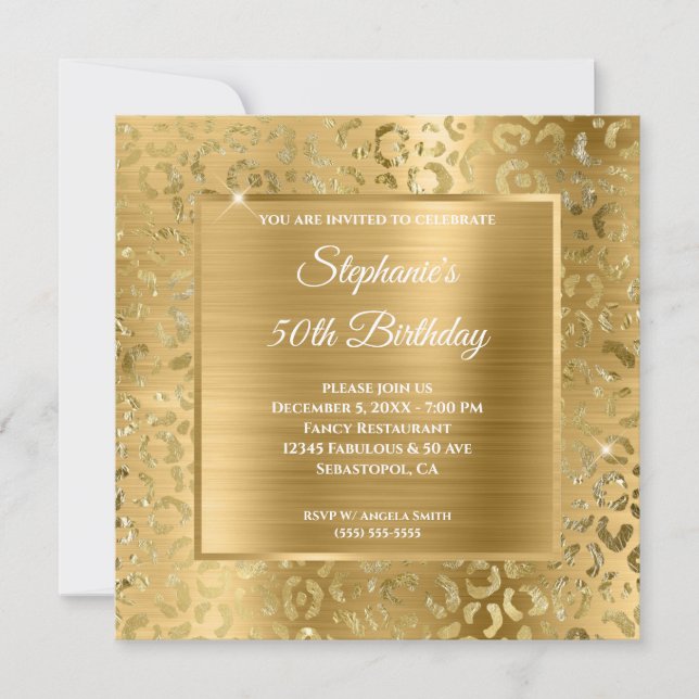 Invitación Relieve metalizado dorado Leopard Glam 50 cumpleañ (Anverso)