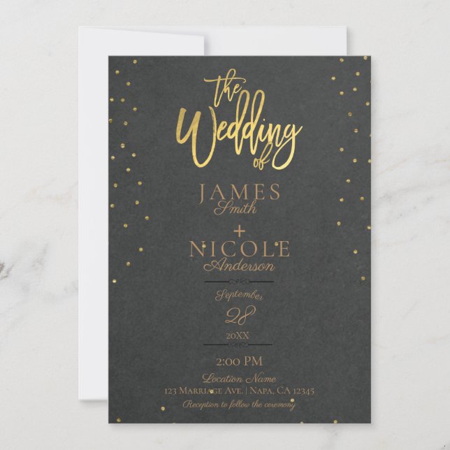 Invitación Relieve metalizado dorado mínimo moderno gris Boda (Anverso)