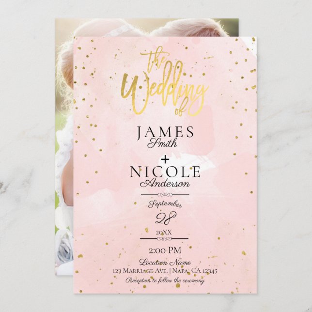 Invitación Relieve metalizado dorado Mínimo Rosa Moderno Boda (Anverso / Reverso)