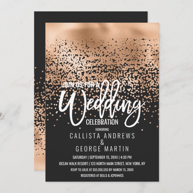 Invitación Relieve metalizado dorado negro moderno Confetti O (Anverso / Reverso)
