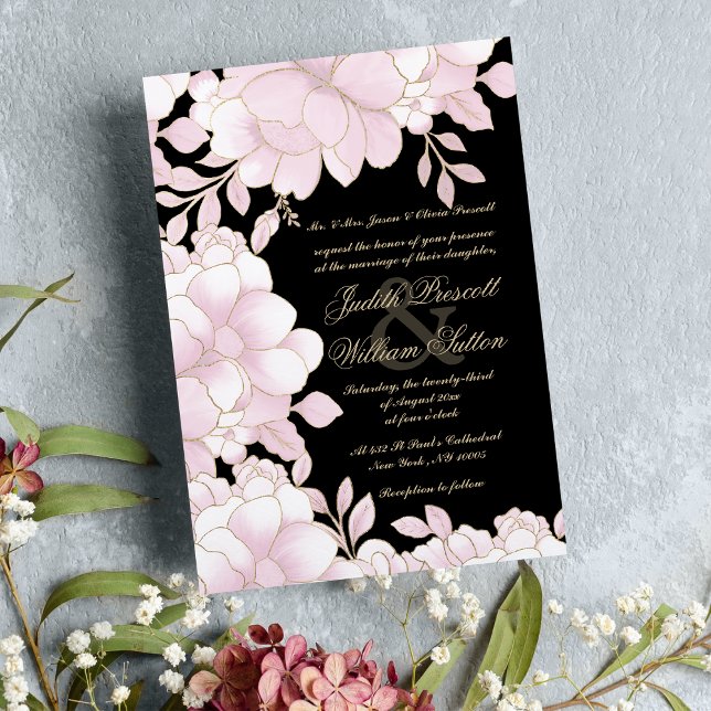 Invitación Relieve metalizado dorado negro rosa Rubor elegant (Blush pink black gold foil elegant floral wedding invitation)