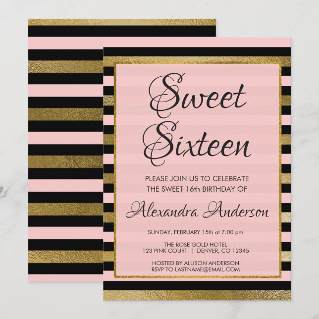 Invitación Relieve metalizado dorado negro rosa Stripe Sweet  (Anverso / Reverso)