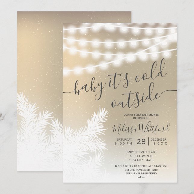 Invitación Relieve metalizado dorado nevado pinar luces de be (Anverso / Reverso)