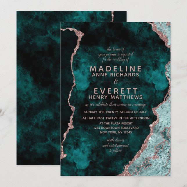 Invitación Relieve metalizado dorado pavo verde y Rosa Boda d (Anverso / Reverso)
