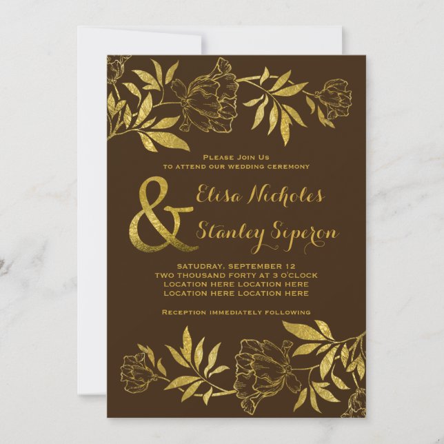 Invitación Relieve metalizado dorado peonías de boda marrón f (Anverso)