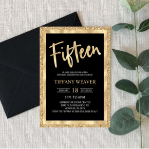 Invitación Relieve metalizado dorado Purpurina 15º cumpleaños