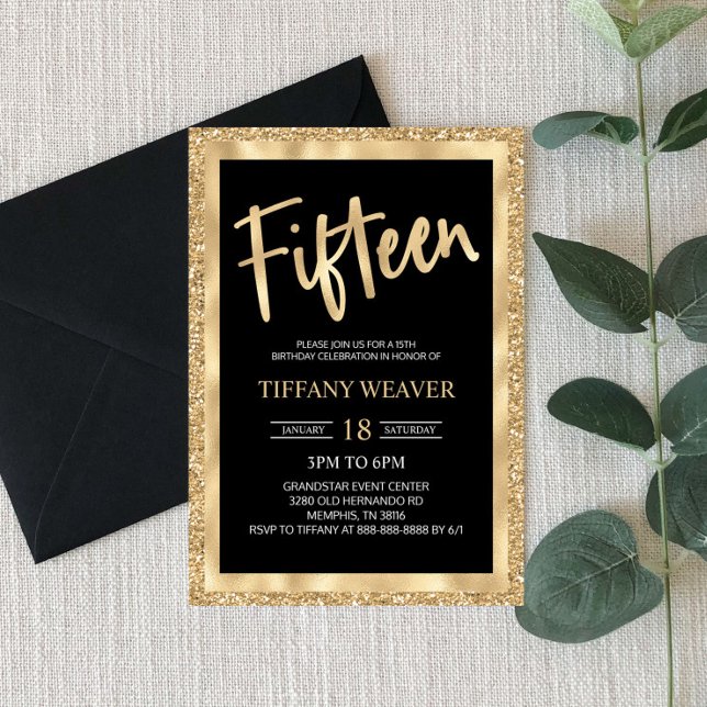 Invitación Relieve metalizado dorado Purpurina 15º cumpleaños (Subido por el creador)