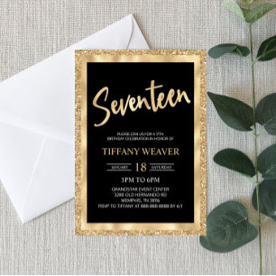 Invitación Relieve metalizado dorado Purpurina 17º cumpleaños