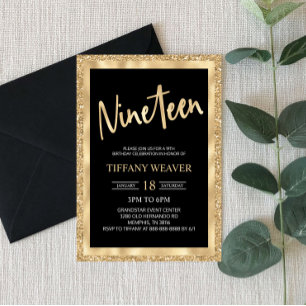 Invitación Relieve metalizado dorado Purpurina 19 cumpleaños
