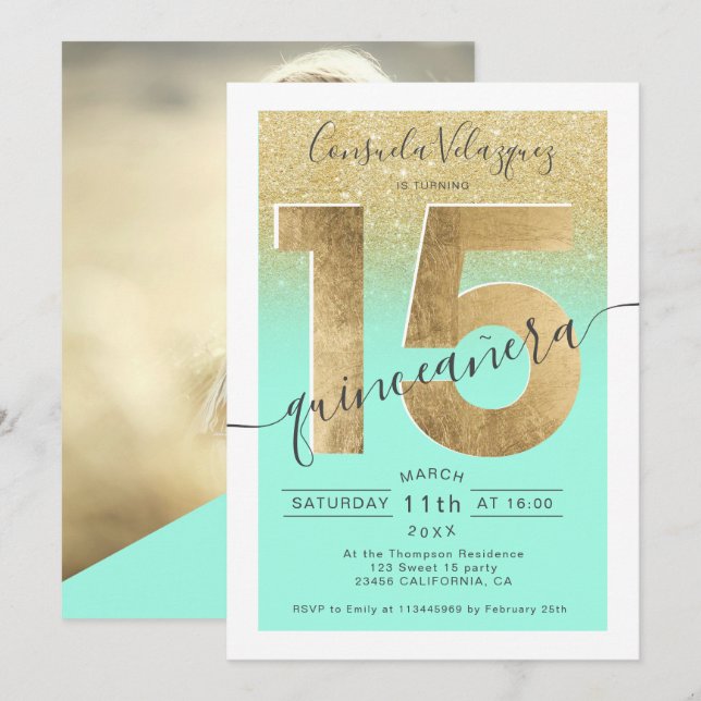 Invitación Relieve metalizado dorado purpurina guión menta qu (Anverso / Reverso)