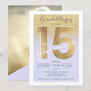 Invitación Relieve metalizado dorado purpurina guión violeta 