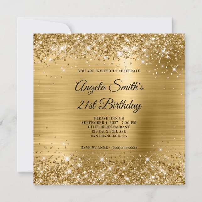 Invitación Relieve metalizado dorado Purpurinoso 21 cumpleaño (Anverso)