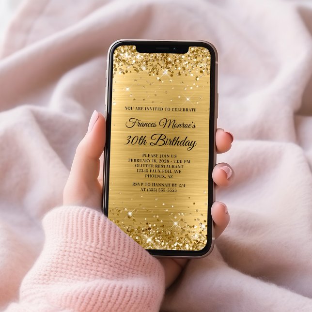 Invitación Relieve metalizado dorado Purpurinoso 30 cumpleaño (Glittery Gold Foil 30th Birthday Invitation)