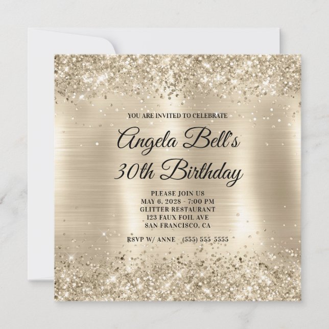 Invitación Relieve metalizado dorado Purpurinoso de Champagne (Anverso)