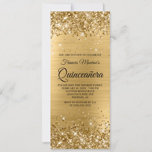 Invitación Relieve metalizado dorado Purpurinoso Quinceañera (Anverso)