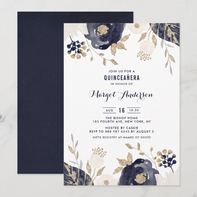Invitación Relieve metalizado dorado Quinceanera de la Marina (Anverso / Reverso)