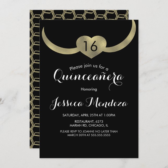 Invitación Relieve metalizado dorado Quinceañera Sweet 16 (Anverso / Reverso)
