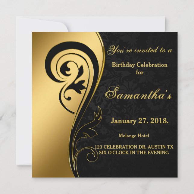 Invitación Relieve metalizado dorado, remolinos, damasco negr (Reverso)
