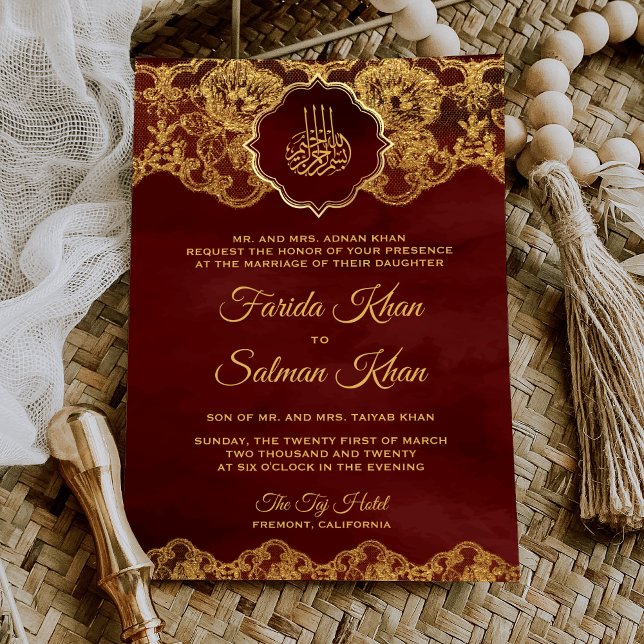 Invitación Relieve metalizado dorado Rojo Borgoña Lace Boda m (Subido por el creador)