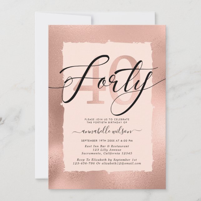 Invitación Relieve metalizado dorado Rosa 40.ª foto de cumple (Anverso)