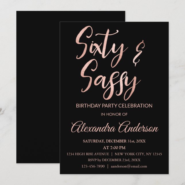 Invitación Relieve metalizado dorado Rosa 60 Sesenta y cumple (Anverso / Reverso)