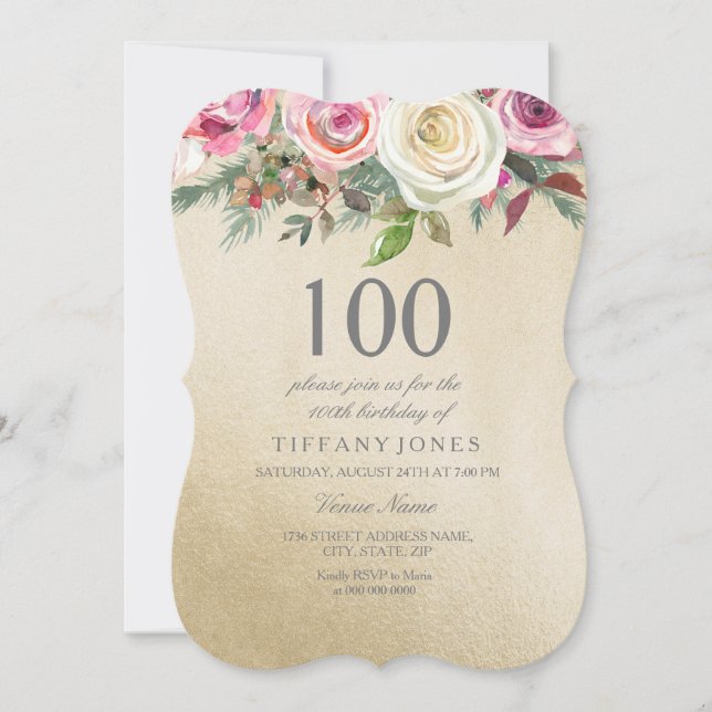 Invitación Relieve metalizado dorado Rosa Blanca Rosa de 100  (Anverso)